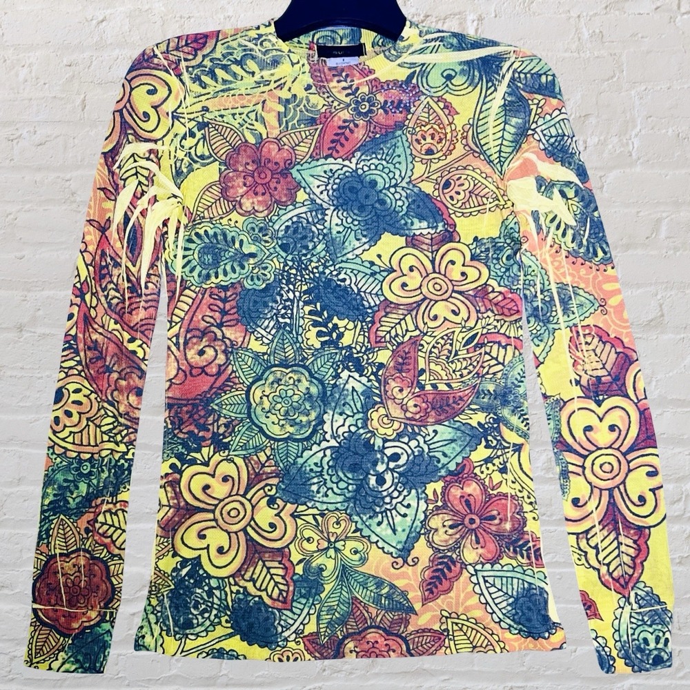 Fleurish Boho Floral Lightweight Thermal Long Sleeve‎ Top Size M Rhinestones NWT